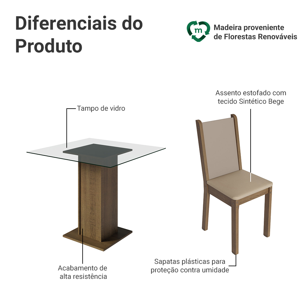 Conjunto Sala de Jantar Mesa Tampo de Vidro com 4 Cadeiras Rustic/Crema/Sintético Bege Aline Madesa