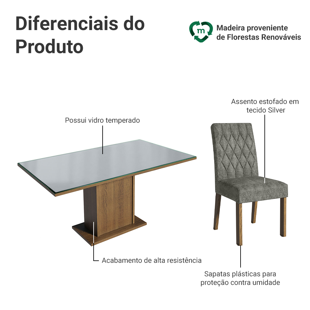 Conjunto Sala de Jantar Mesa Tampo de Vidro 6 Cadeiras Rustic/Cinza/Silver Geórgia Madesa