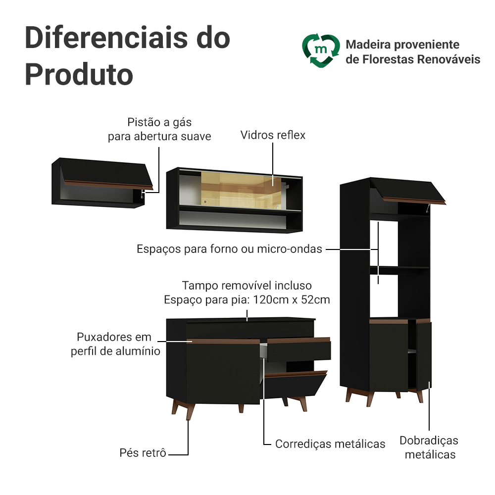 Armário de Cozinha Completa 260cm Preto Reims Madesa 07