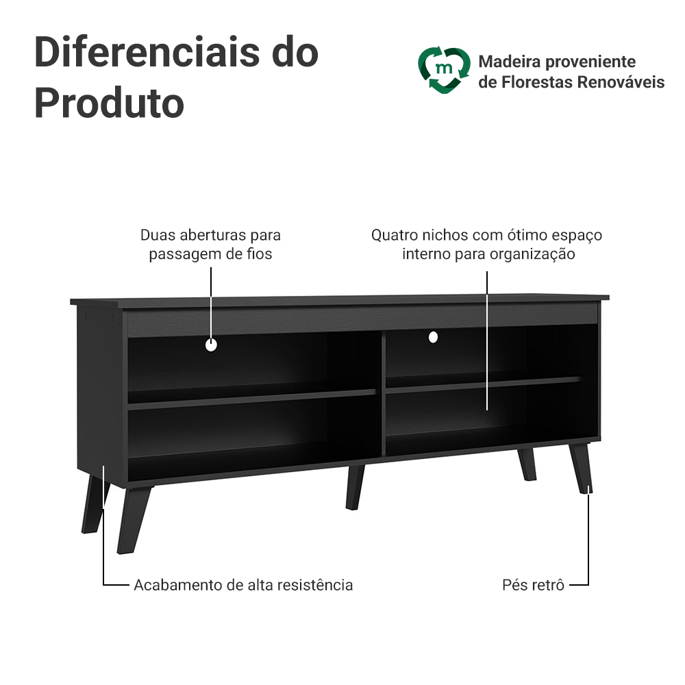 Rack para TV até 65 Polegadas com Pés Preto Turim Madesa