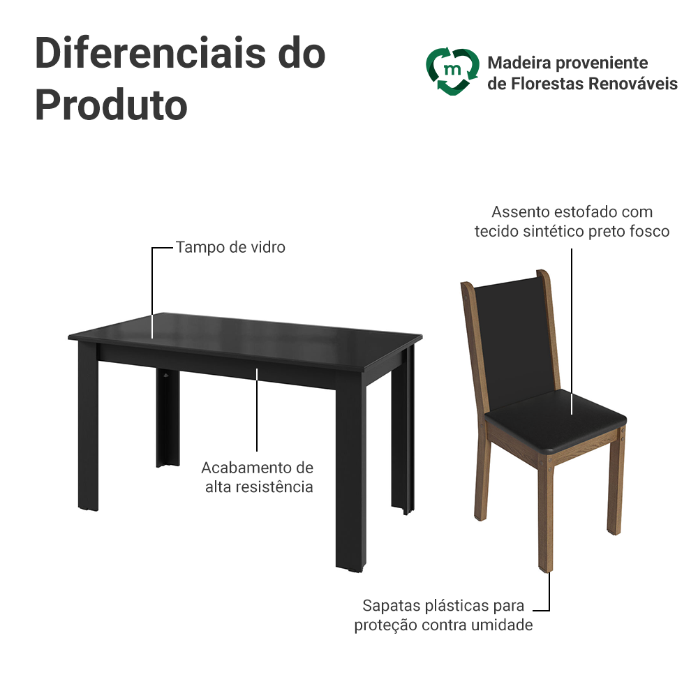 Conjunto Sala de Jantar Mesa Tampo de Vidro 6 Cadeiras Preto/Rustic Heloísa Madesa