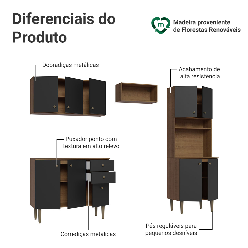 Armário de Cozinha Compacta 235cm Rustic/Preto Gourmet Madesa 01