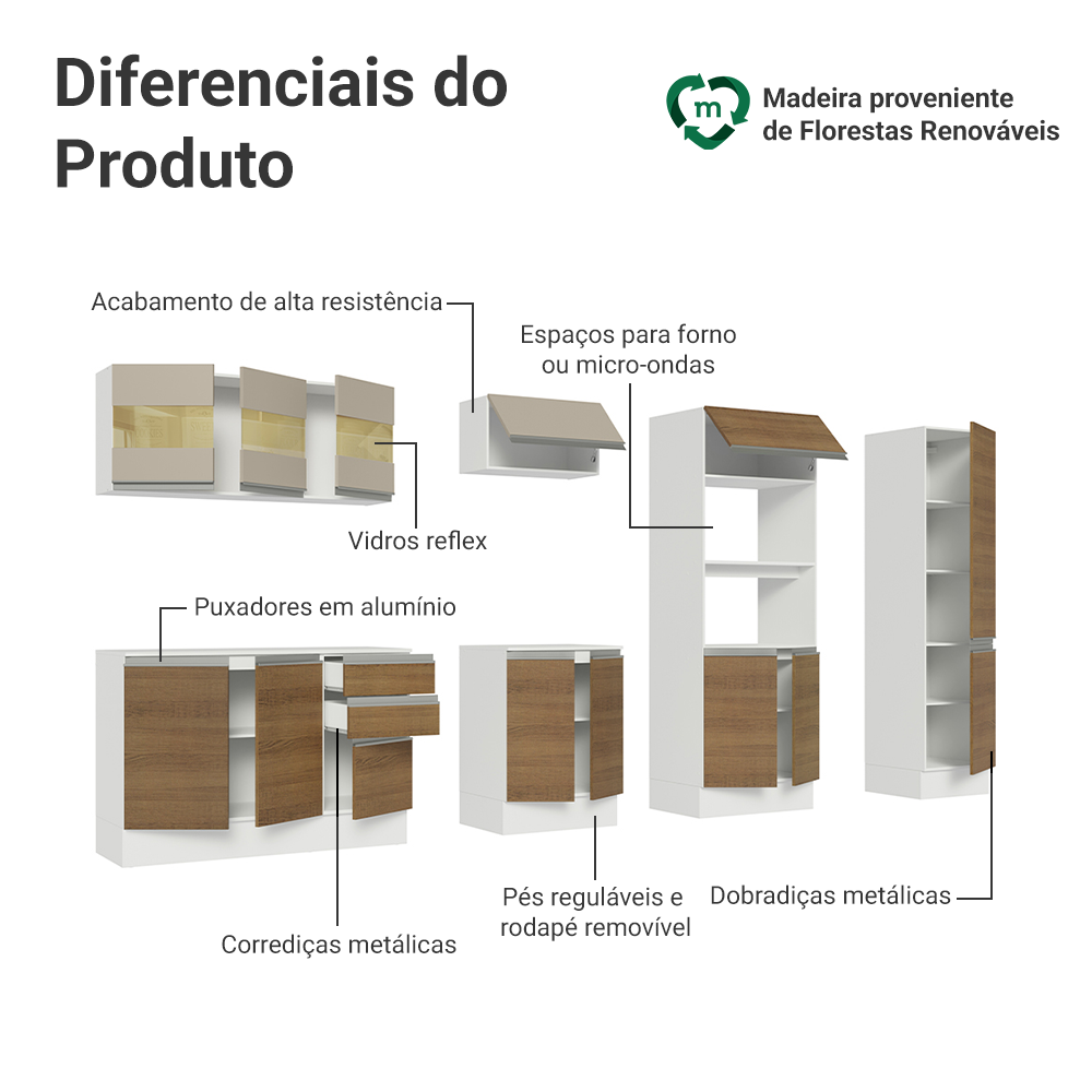 Armário de Cozinha Completa 100% MDF 300cm Branco/Rustic/Crema Smart Madesa 02
