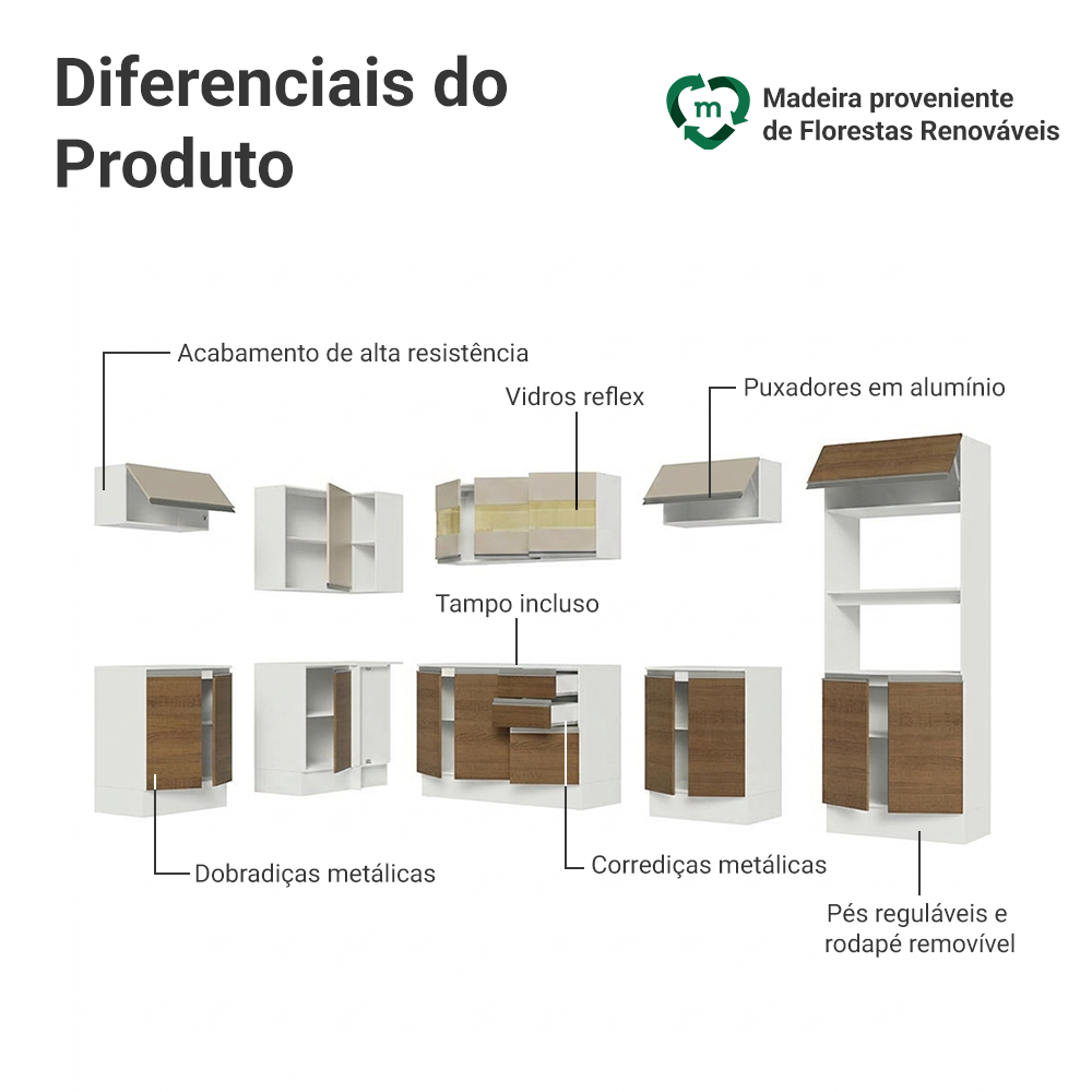 Armário de Cozinha Completa de Canto 100% MDF 447cm Branco/Rustic/Crema Smart Madesa 02