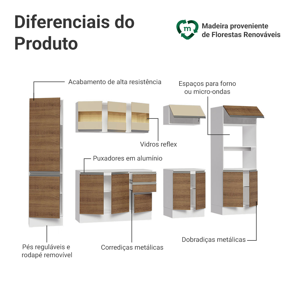Armário de Cozinha Completa 100% MDF 300 cm Branco/Rustic/Crema Smart Madesa 01
