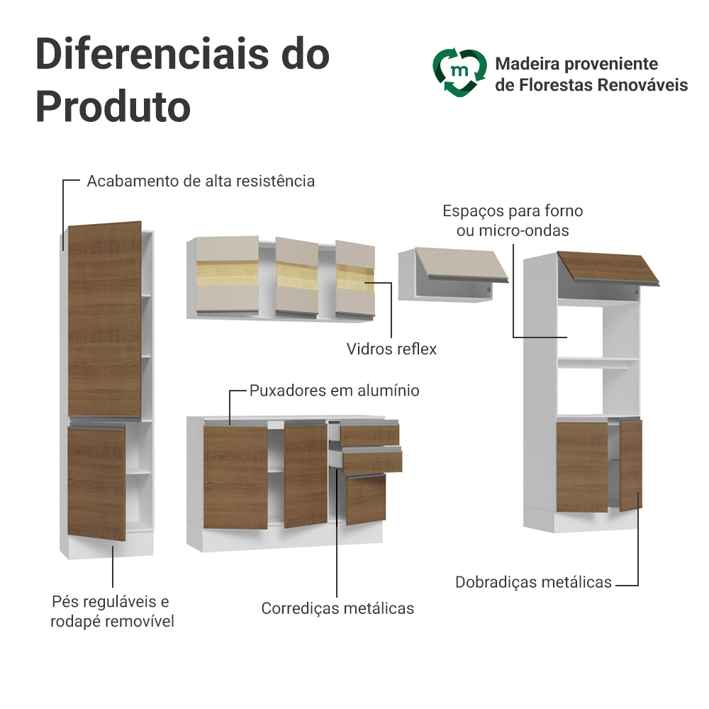 Armário de Cozinha Completa 100% MDF 300cm Branco/Rustic/Crema Smart Madesa 03
