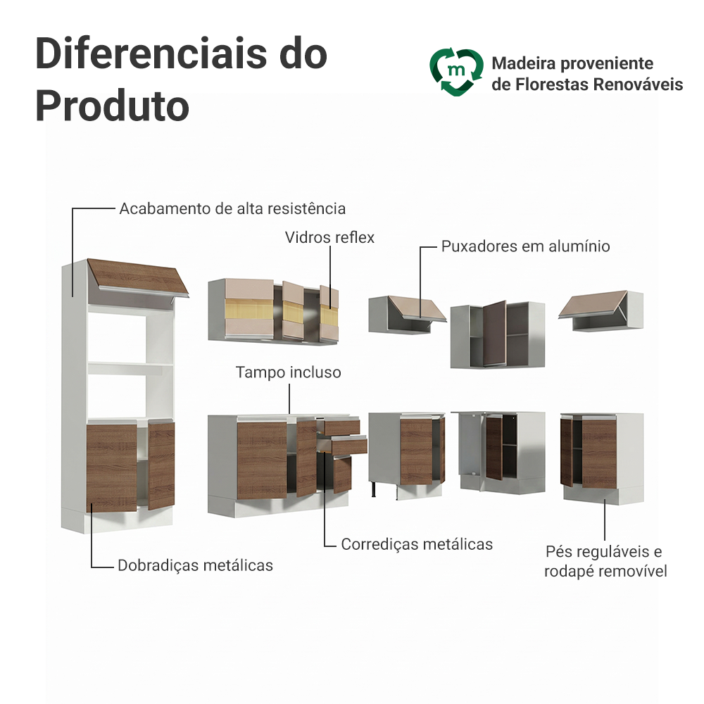 Armário de Cozinha Completa de Canto 100% MDF 448cm Branco/Rustic/Crema Smart Madesa 01