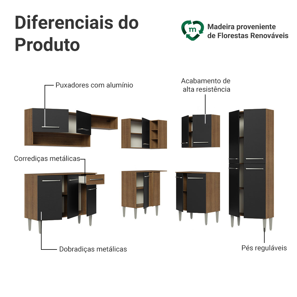 Armário de Cozinha Completa de Canto 417cm Rustic/Preto Emilly Madesa 02