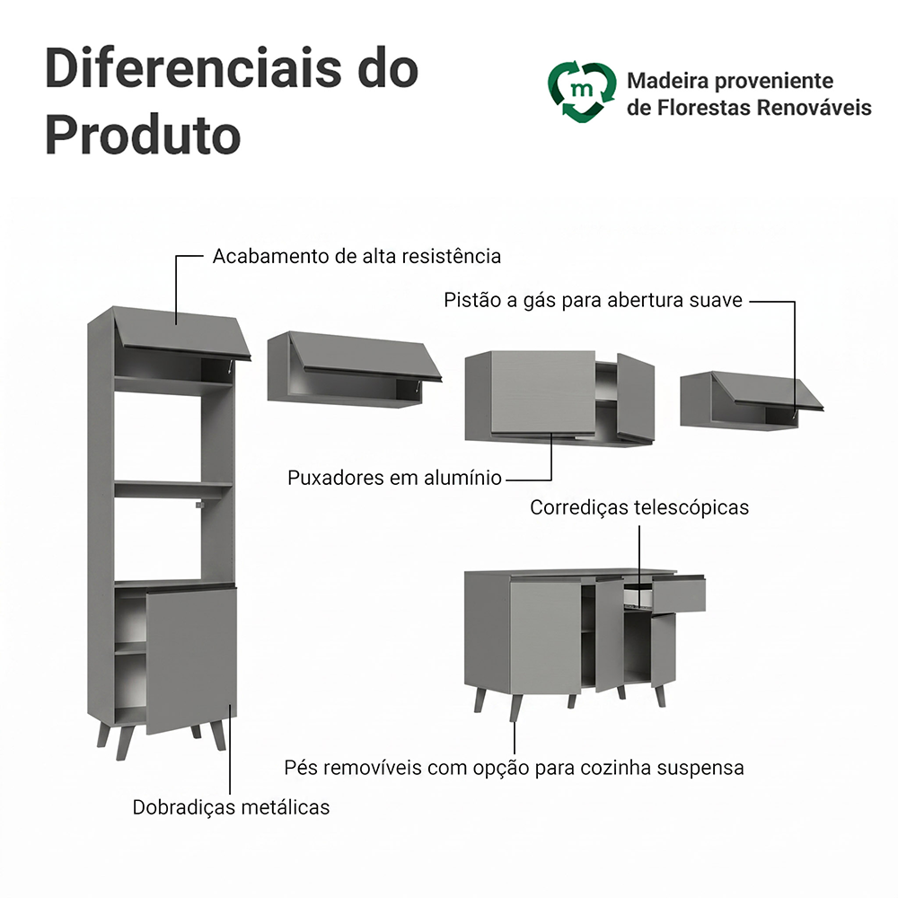 Armário de Cozinha Completa 340cm Cinza Nice Madesa 01