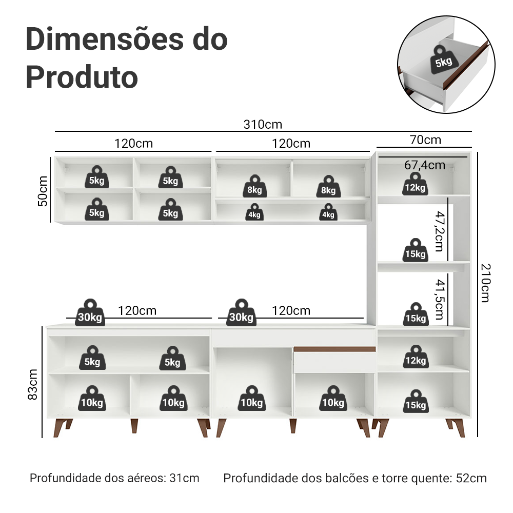 Armário de Cozinha Completa 310cm Branco Reims Madesa 02