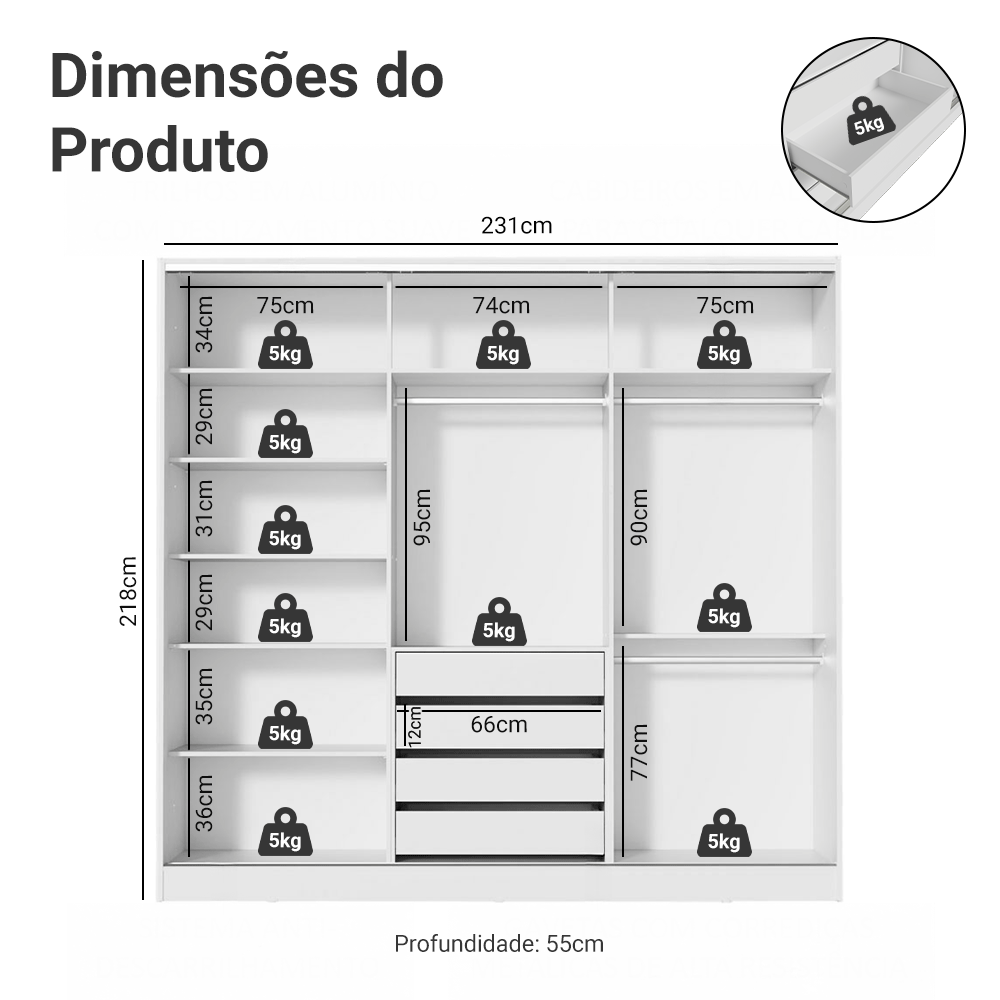 Guarda-Roupa Casal 100% MDF 3 Portas de Correr de Espelho Branco Royale Madesa