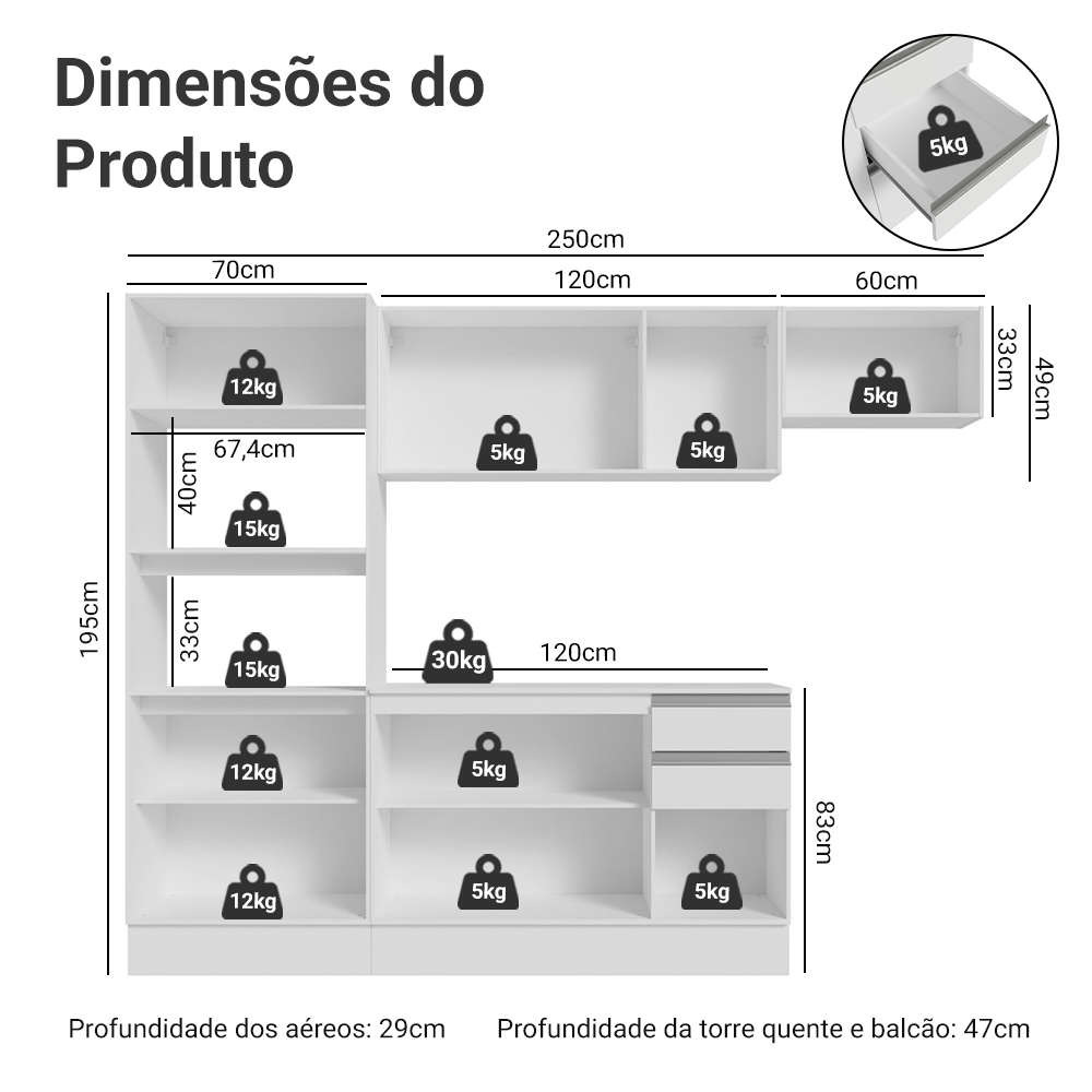 Armário de Cozinha Completa 100% MDF 250cm Branco Smart Madesa 03