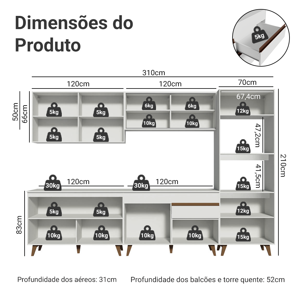 Armário de Cozinha Completa 310cm Branco Reims Madesa 01