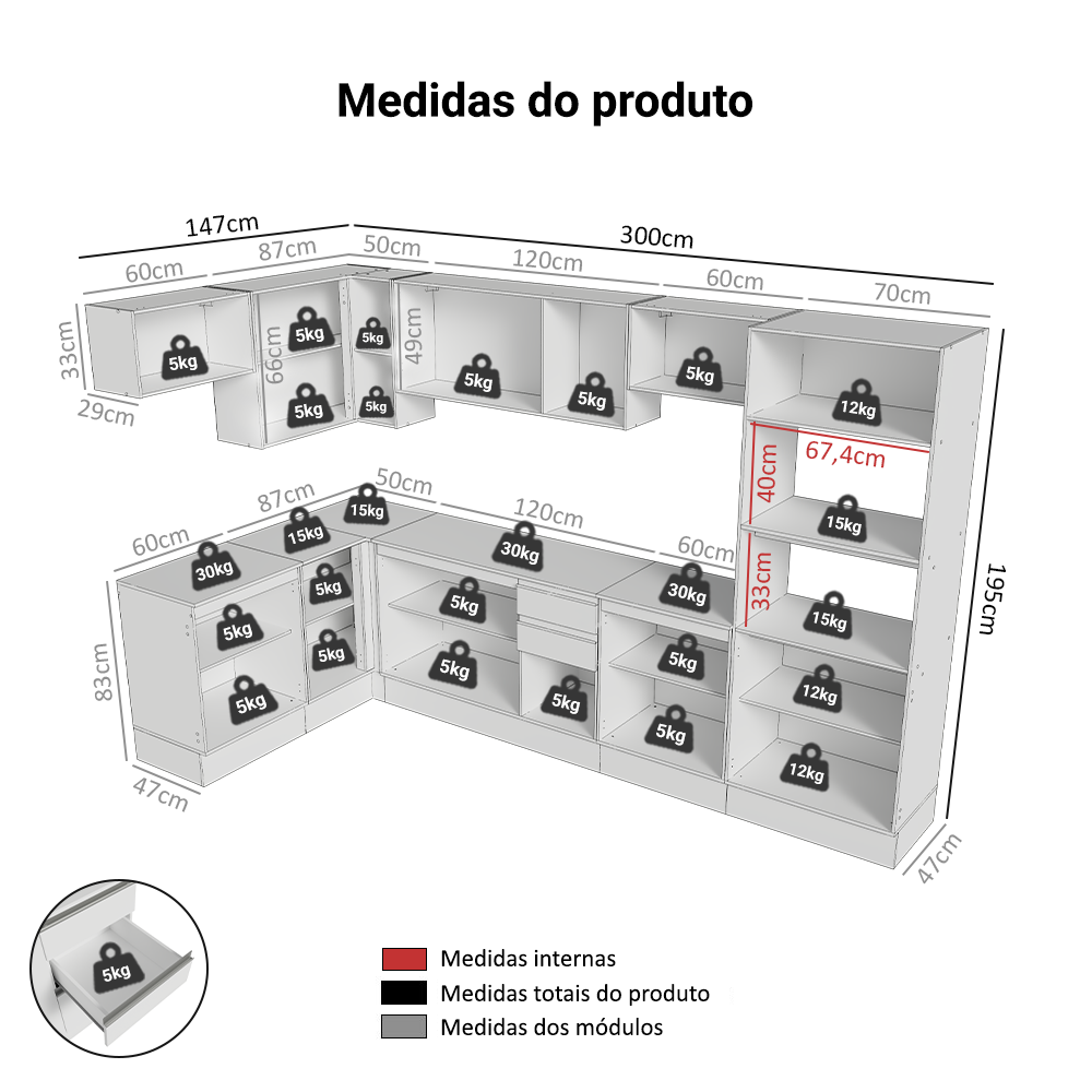 Armário de Cozinha Completa de Canto 100% MDF 447cm Frentes Branco Smart Madesa 02