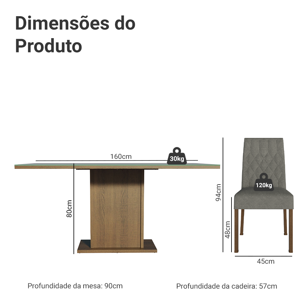 Conjunto Sala de Jantar Mesa Tampo de Vidro 6 Cadeiras Rustic/Cinza/Silver Geórgia Madesa
