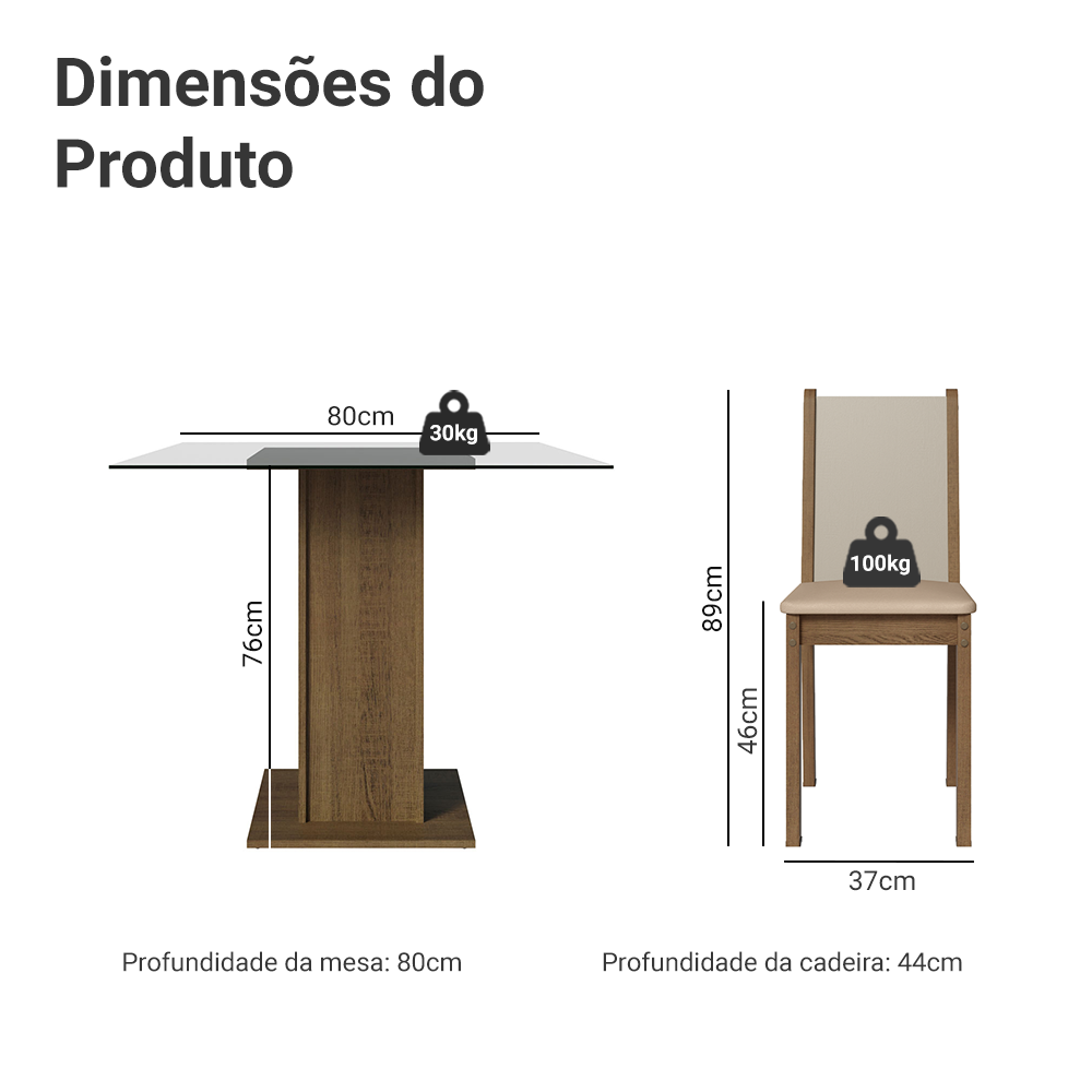 Conjunto Sala de Jantar Mesa Tampo de Vidro com 4 Cadeiras Rustic/Crema/Sintético Bege Aline Madesa