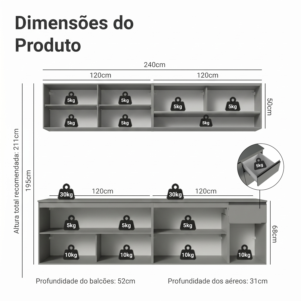 Armário de Cozinha Completa Suspenso 240cm Cinza Nice Madesa 05