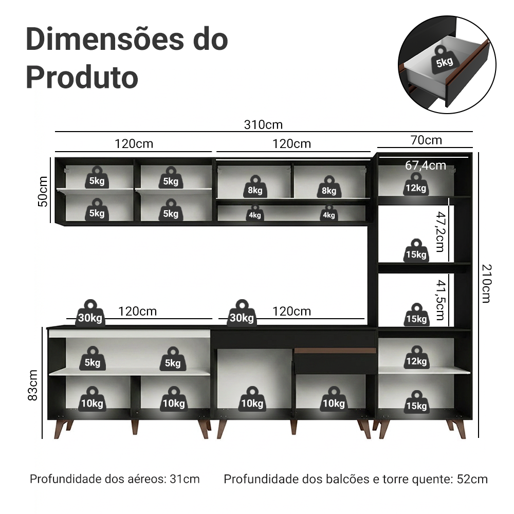 Armário de Cozinha Completa 310cm Preto Reims Madesa 02