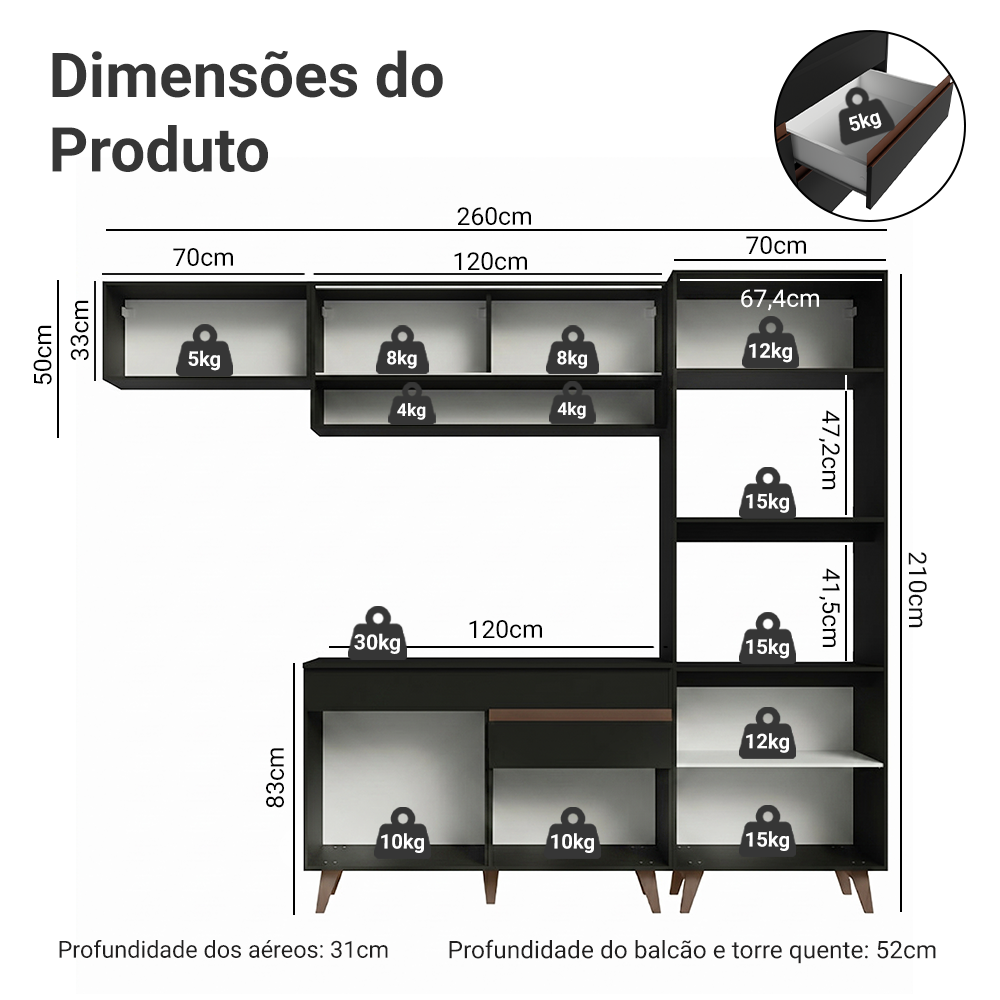 Armário de Cozinha Completa 260cm Preto Reims Madesa 07