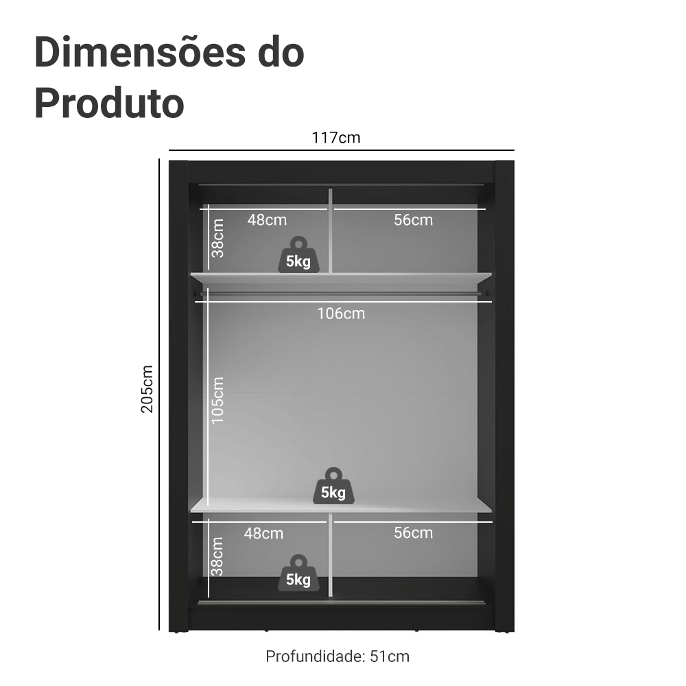 Guarda-Roupa Solteiro 2 Portas de Correr Preto Madesa Denver