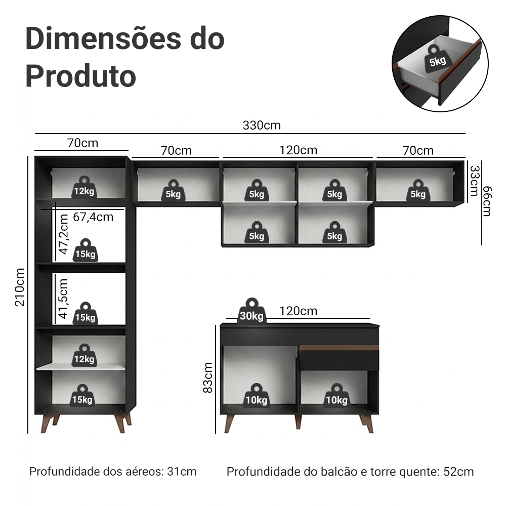 Armário de Cozinha Completa 330cm Preto Reims Madesa 01