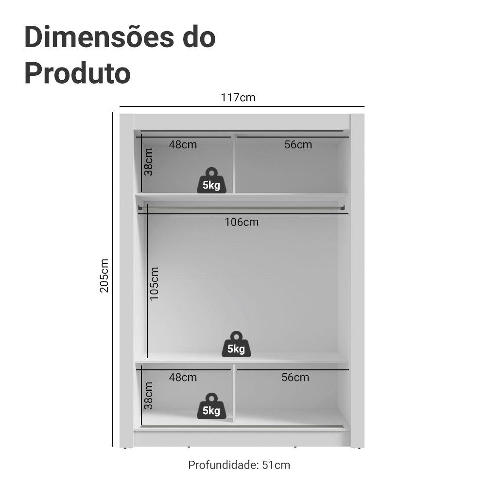 Guarda-Roupa Solteiro 2 Portas de Correr com Espelho Branco Madesa Denver