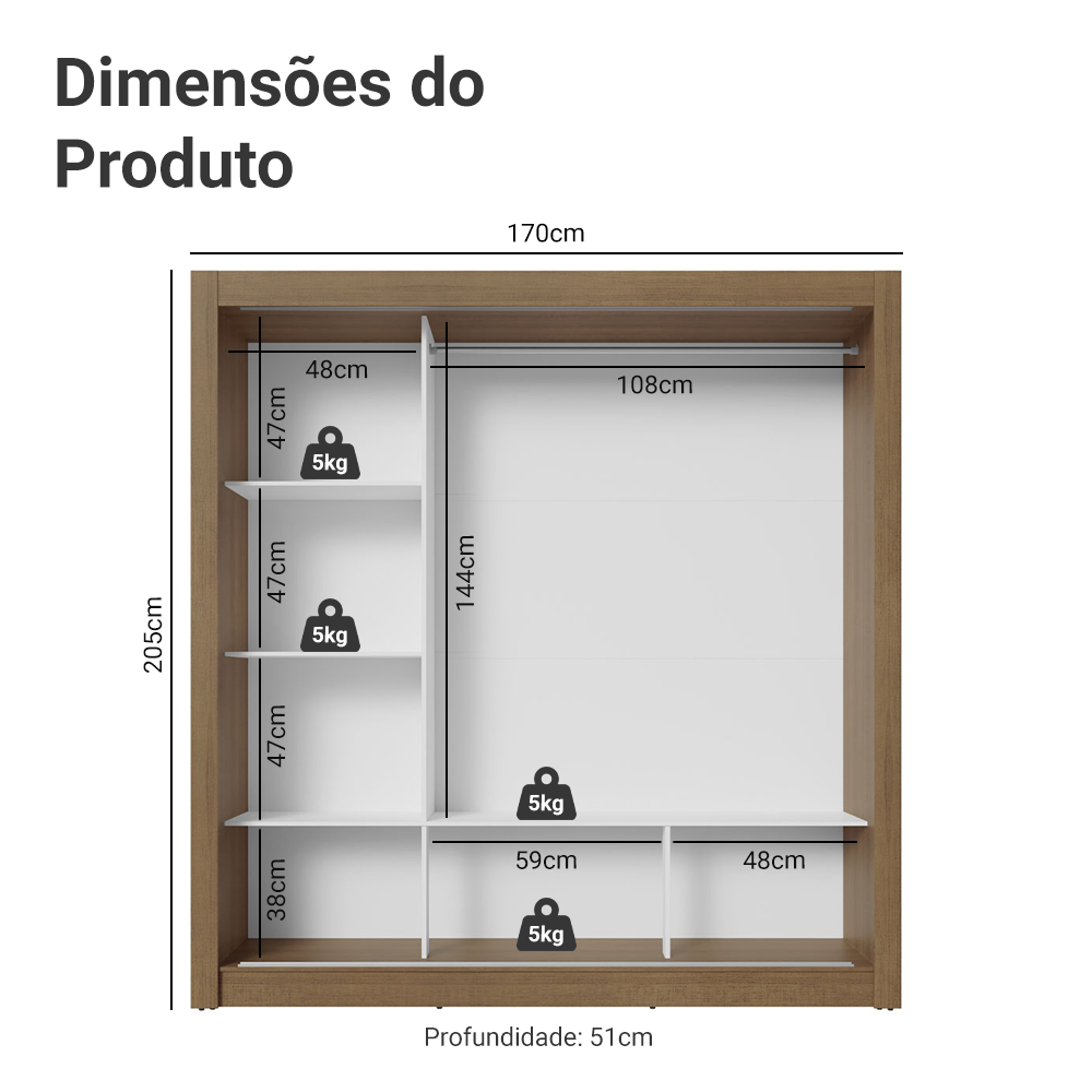 Guarda-Roupa Casal 3 Portas de Correr com Espelho Rustic/Branco Madesa Mônaco