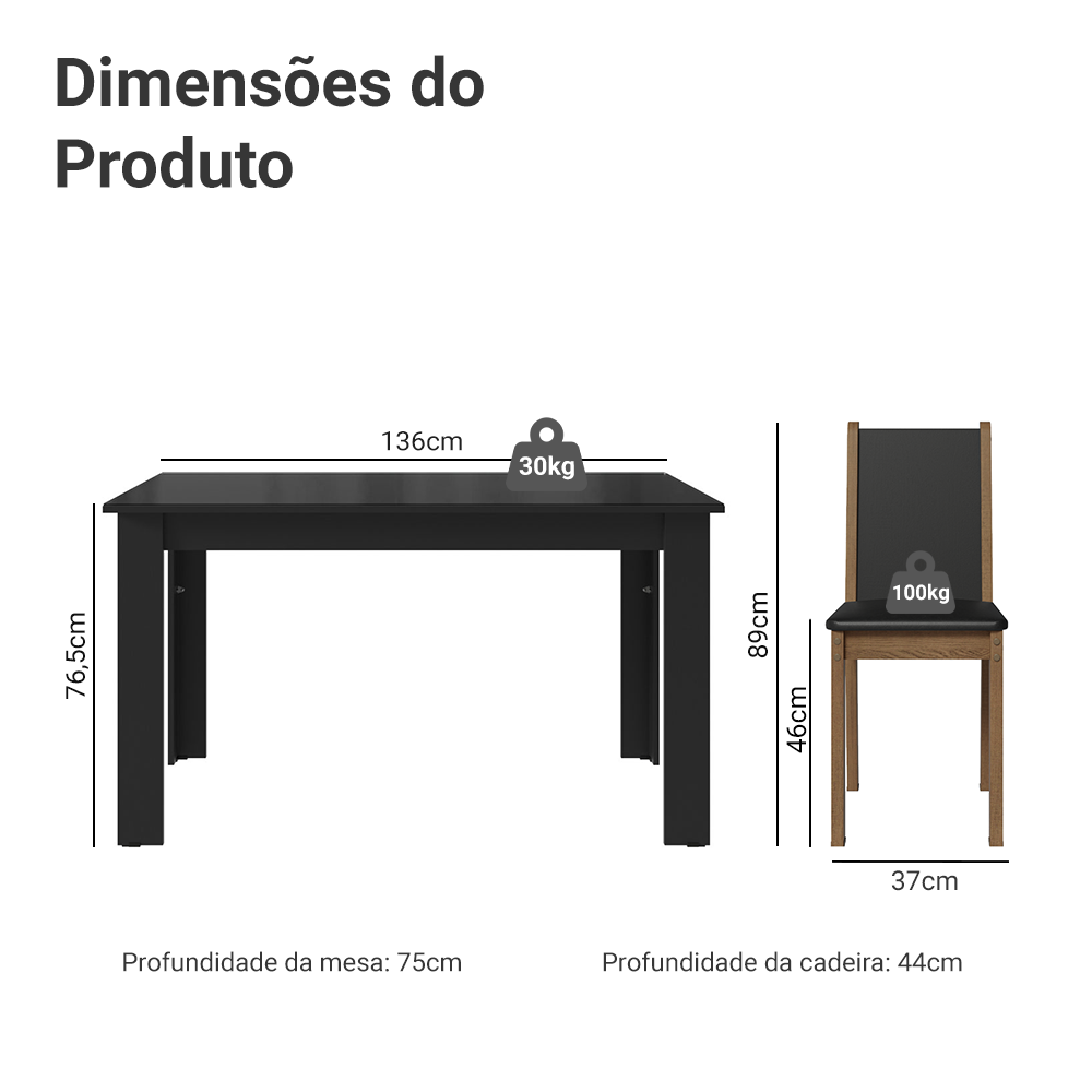 Conjunto Sala de Jantar Mesa Tampo de Vidro 6 Cadeiras Preto/Rustic Heloísa Madesa