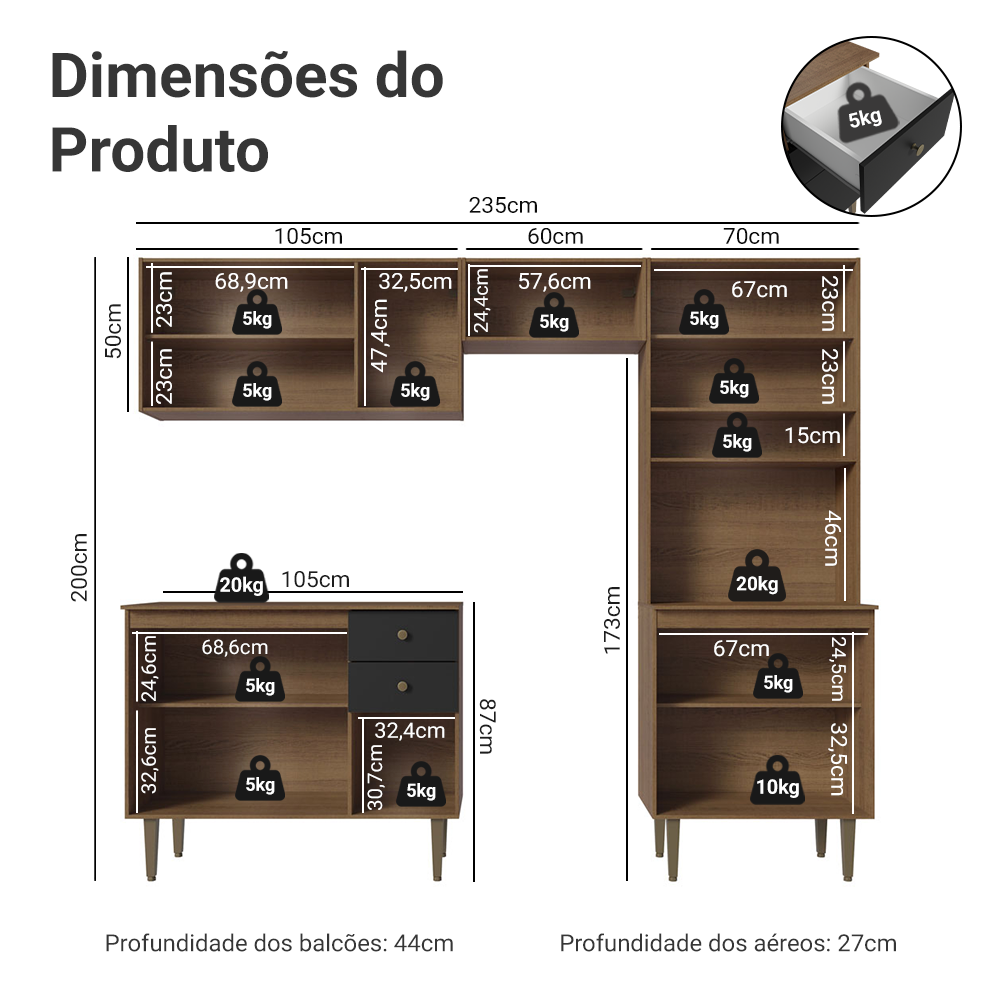 Armário de Cozinha Compacta 235cm Rustic/Preto Gourmet Madesa 01