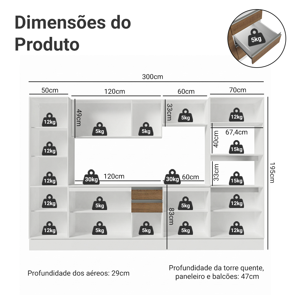 Armário de Cozinha Completa 100% MDF 300 cm Branco/Rustic/Crema Smart Madesa 01