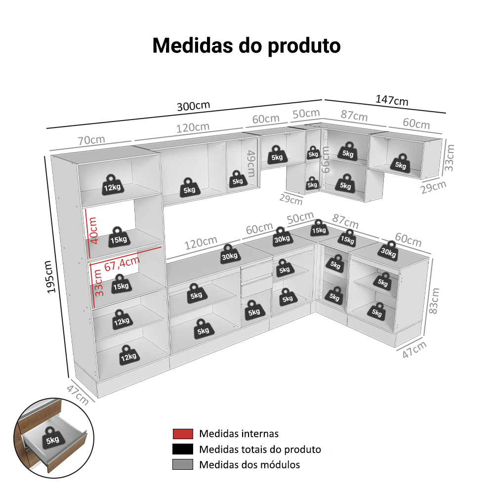 Armário de Cozinha Completa de Canto 100% MDF 448cm Branco/Rustic/Crema Smart Madesa 01