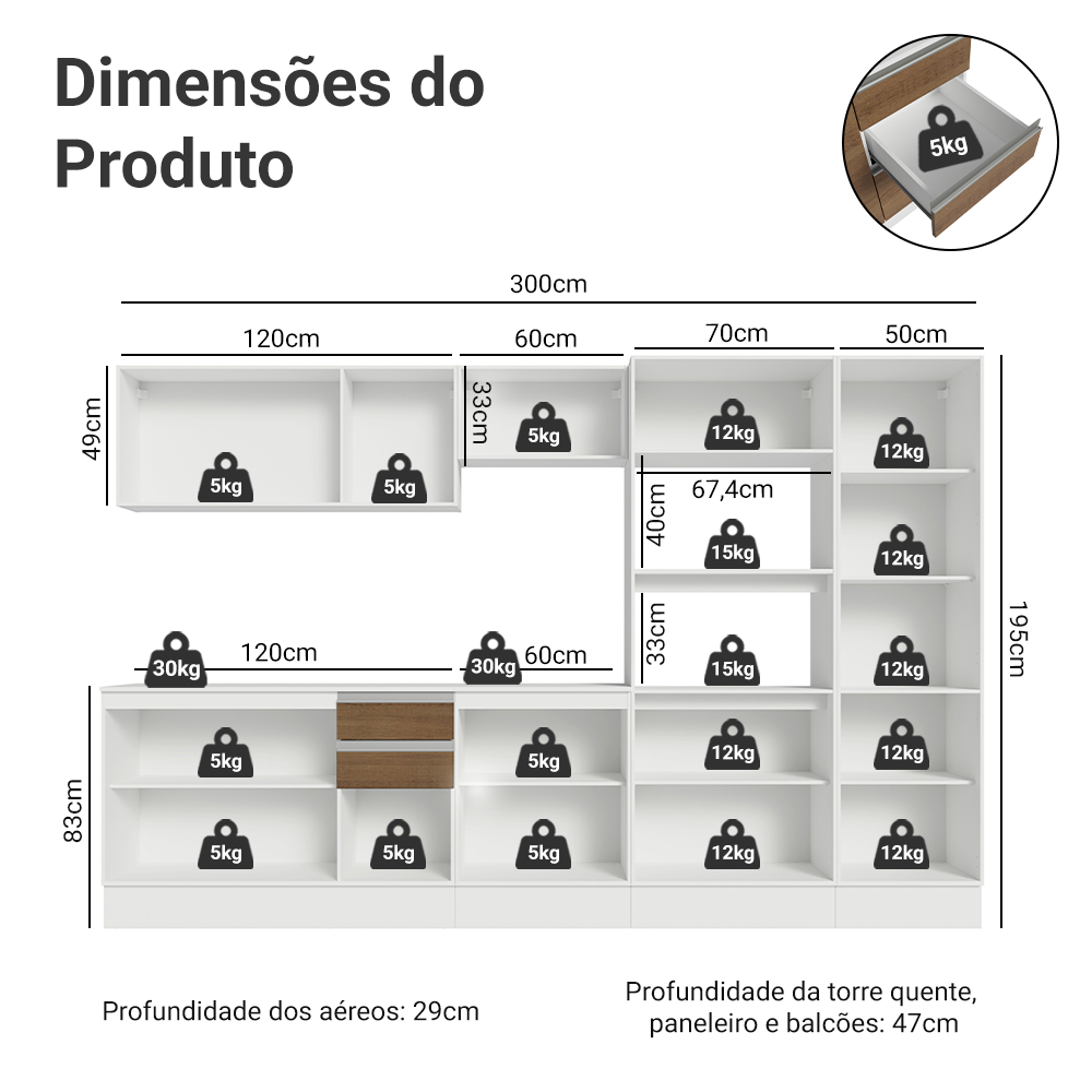 Armário de Cozinha Completa 100% MDF 300cm Branco/Rustic/Crema Smart Madesa 02