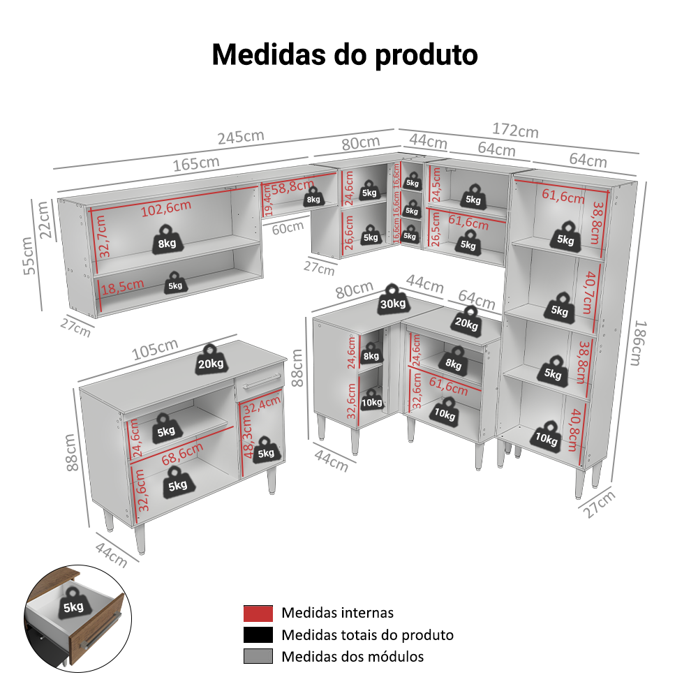 Armário de Cozinha Completa de Canto 417cm Rustic/Preto Emilly Madesa 02