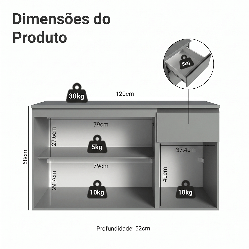 Balcão de Pia 3 Portas 1 Gaveta Suspenso Cinza Nice Madesa