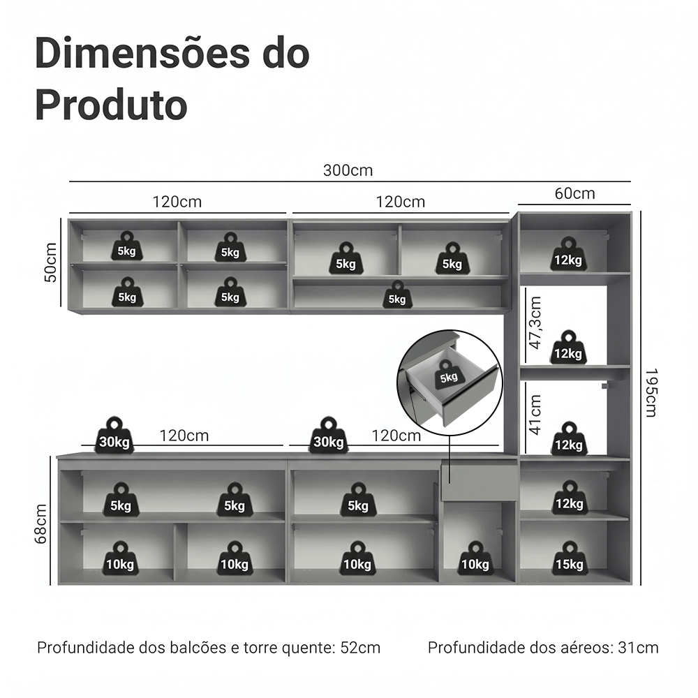 Armário de Cozinha Completa Suspenso 300cm Cinza Nice Madesa 04