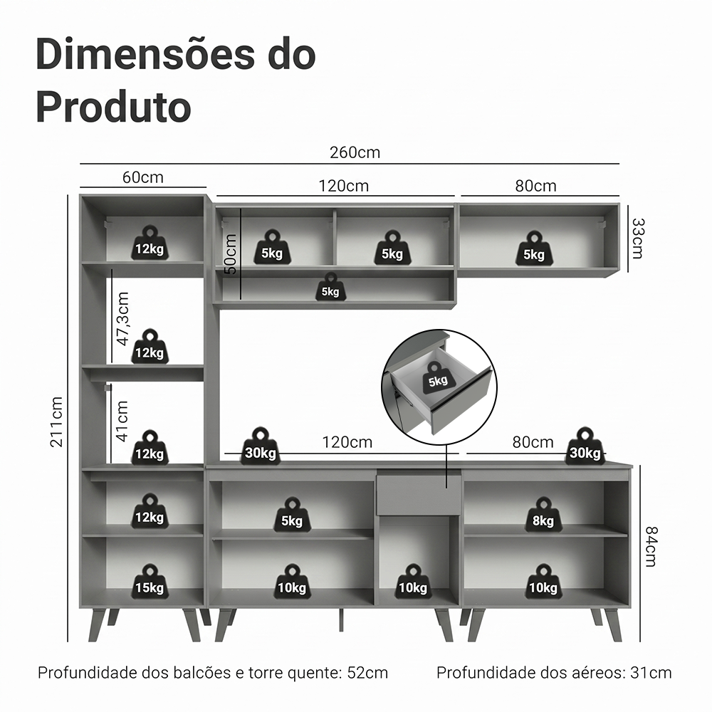 Armário de Cozinha Completa 260cm Cinza Nice Madesa 01