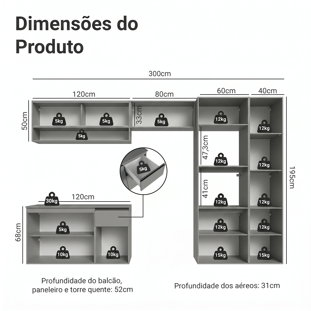 Armário de Cozinha Completa Suspenso 300cm Cinza Nice Madesa 07