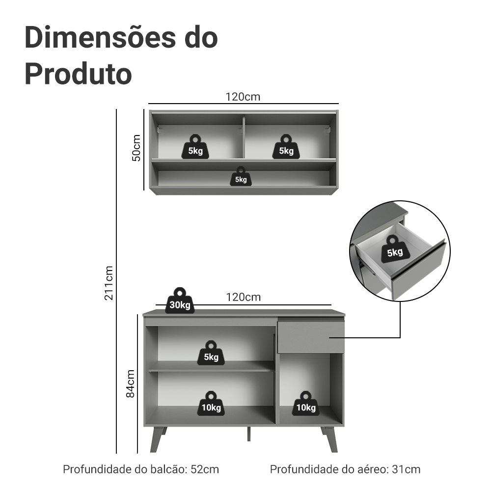 Armário de Cozinha Compacta 120cm Cinza Nice Madesa 01