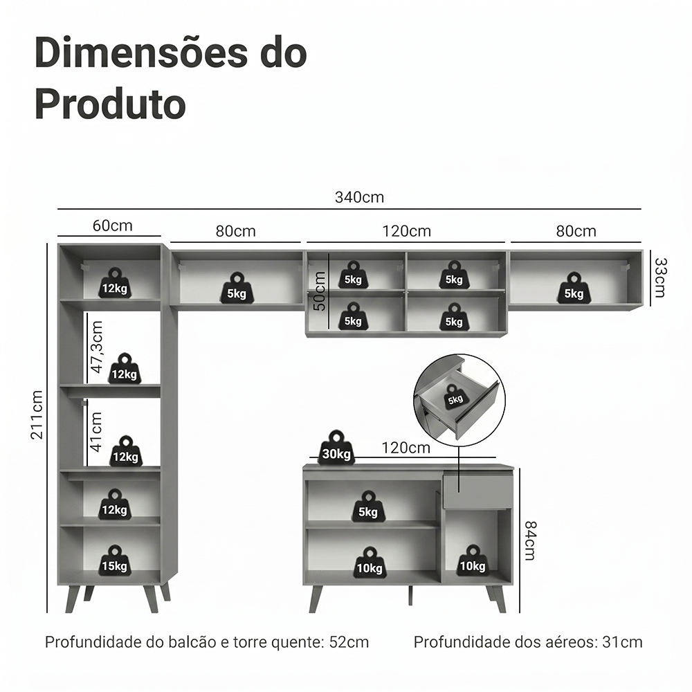 Armário de Cozinha Completa 340cm Cinza Nice Madesa 01