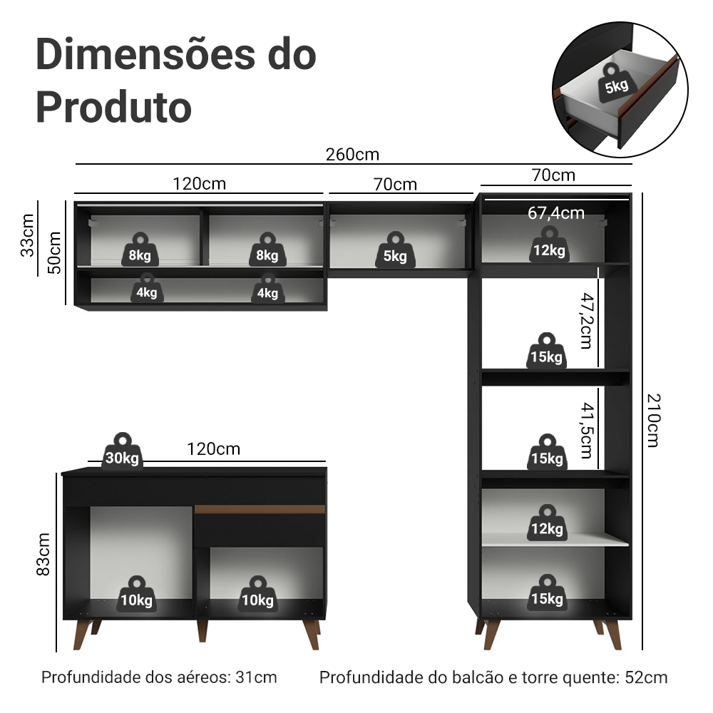 Armário de Cozinha Completa 260cm Preto Reims Madesa 12
