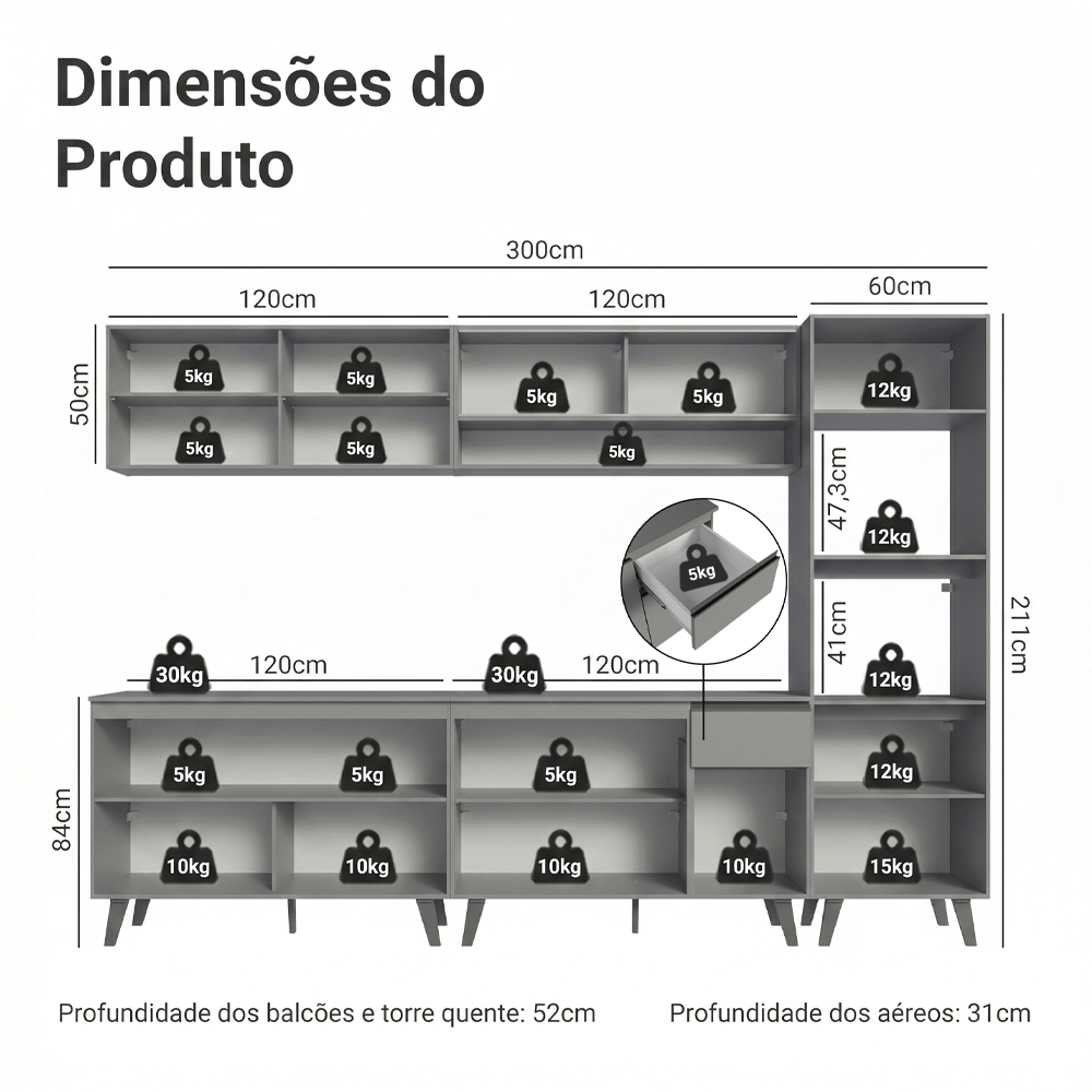 Armário de Cozinha Completa 300cm Cinza Nice Madesa 01
