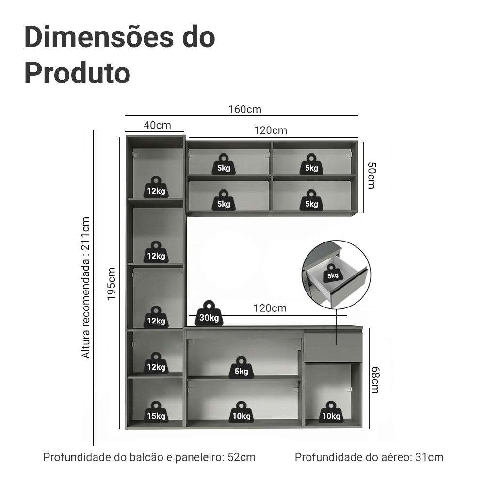 Armário de Cozinha Compacta Suspenso 160cm Cinza Nice Madesa 02