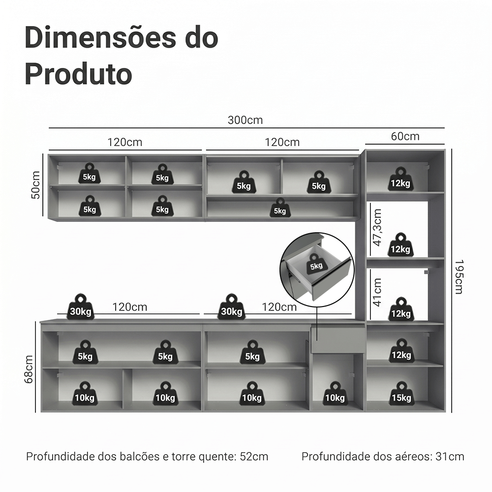 Armário de Cozinha Completa Suspenso 300cm Cinza Nice Madesa 03