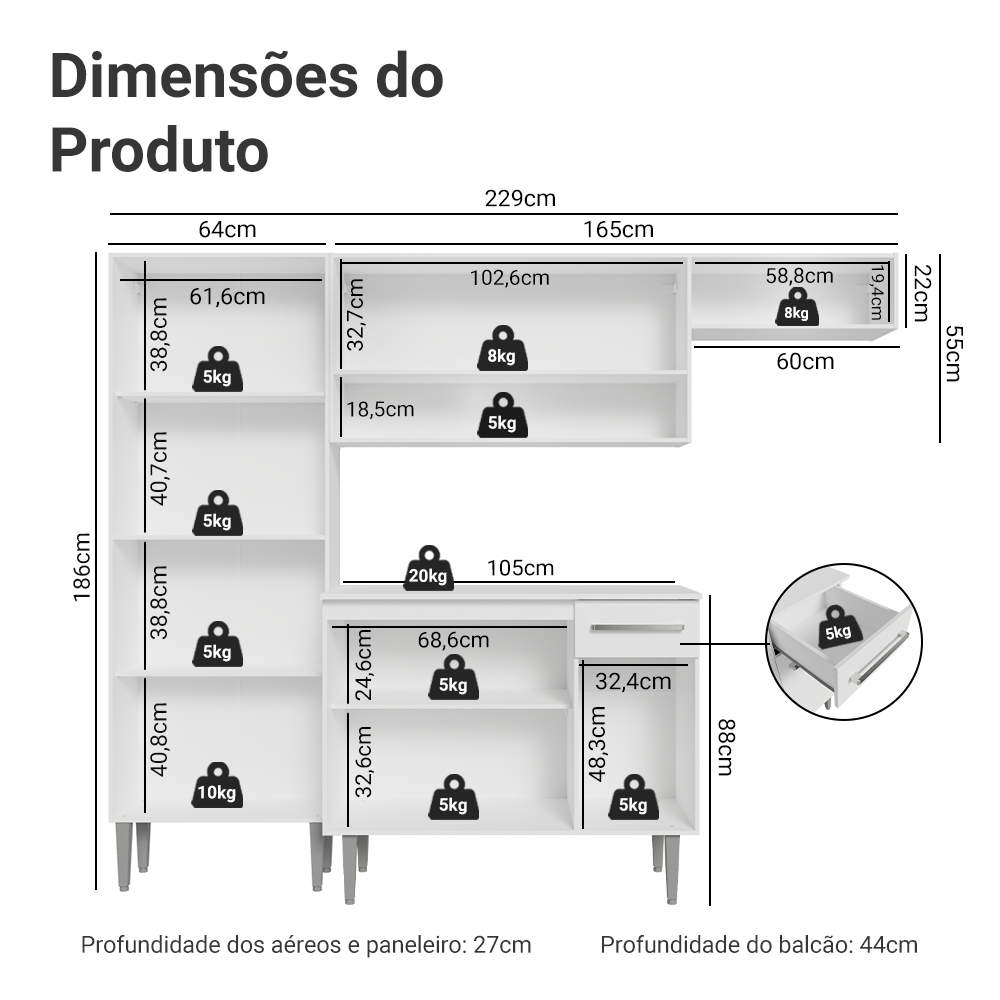Armário de Cozinha Compacta Branco Emilly Top Madesa