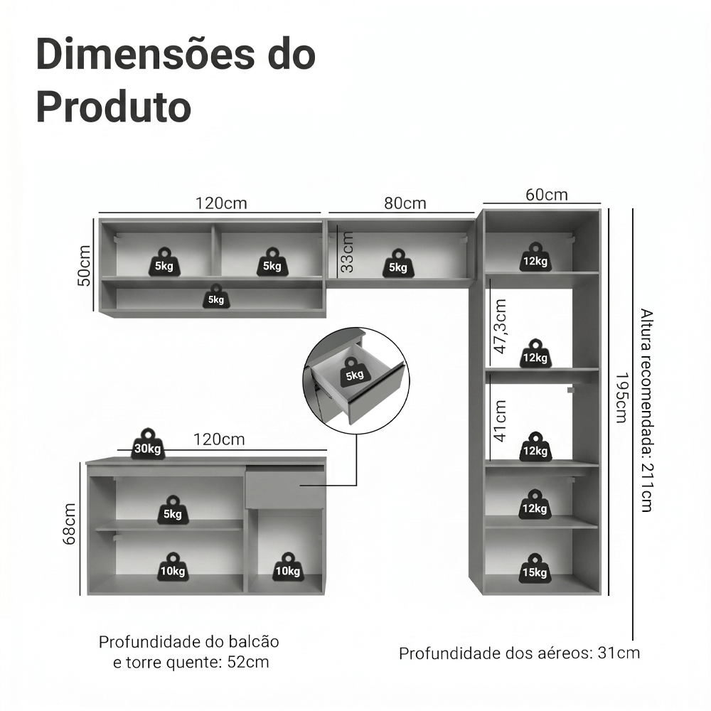 Armário de Cozinha Completa Suspenso 260cm Cinza Nice Madesa 10