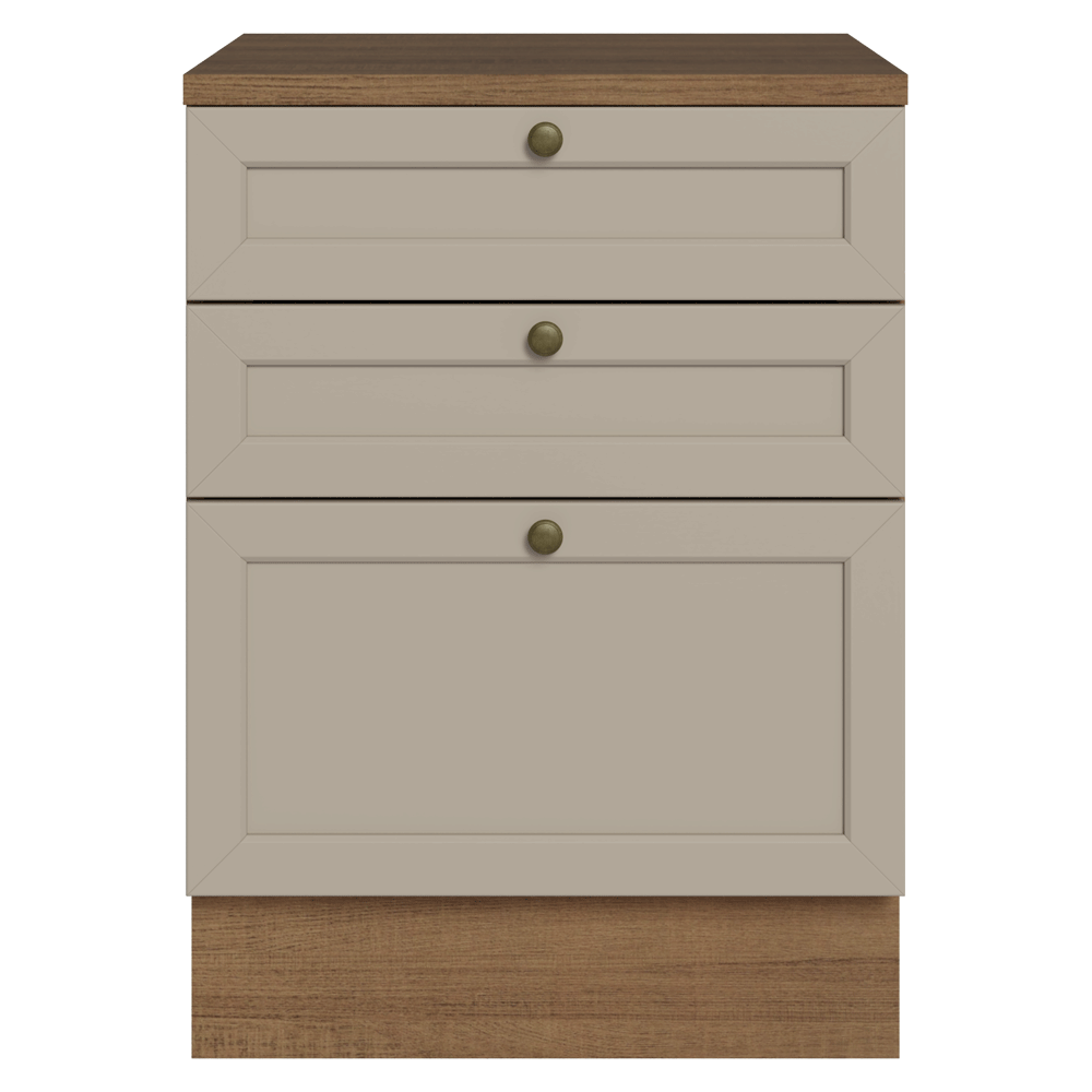 Balcão de Cozinha 60 x 60 cm 3 Gavetas (Com Tampo) Rustic/Crema Vik Madesa
