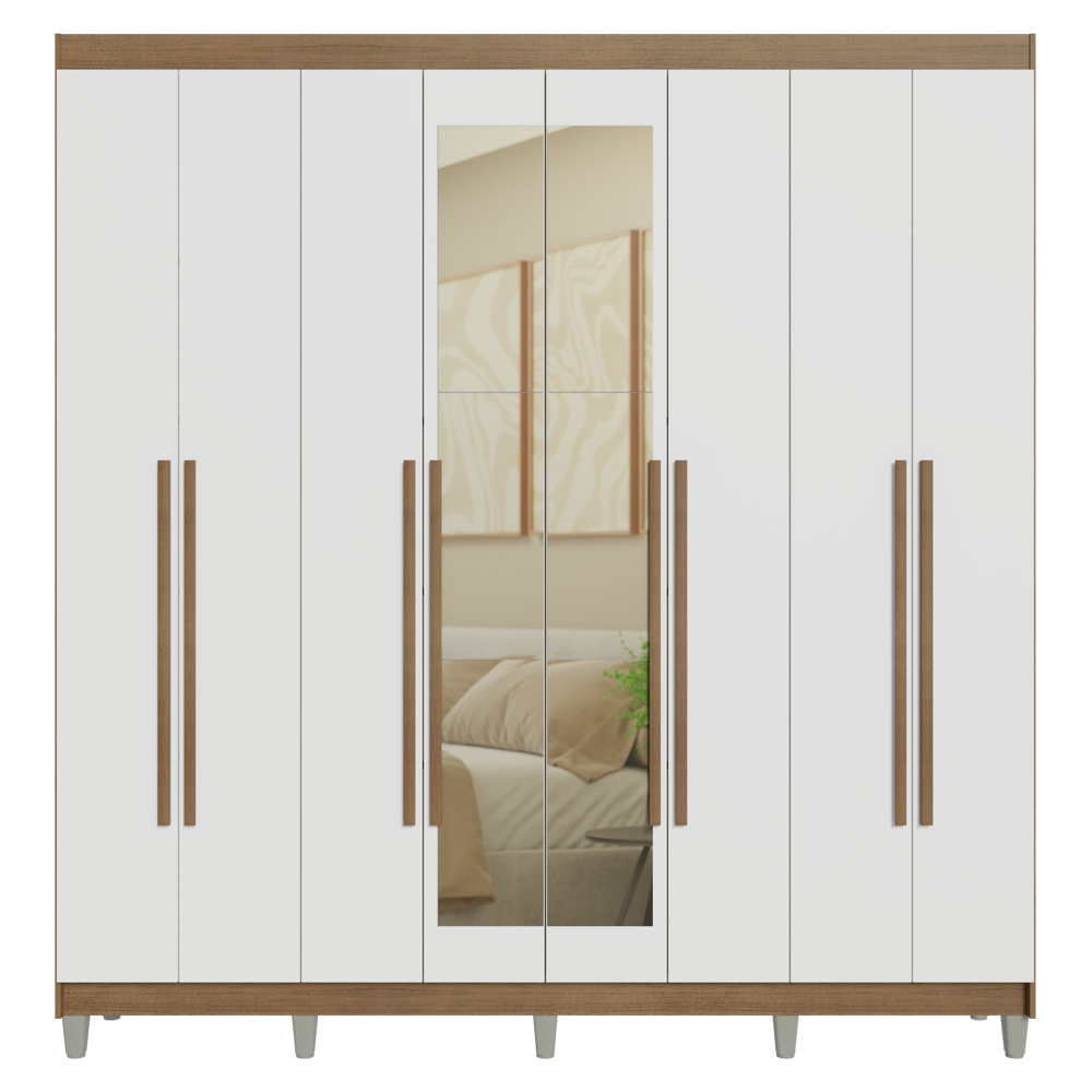 Guarda-Roupa Casal com Pés 8 Portas Batentes com Espelho Rustic/Branco/Rustic Venus Madesa