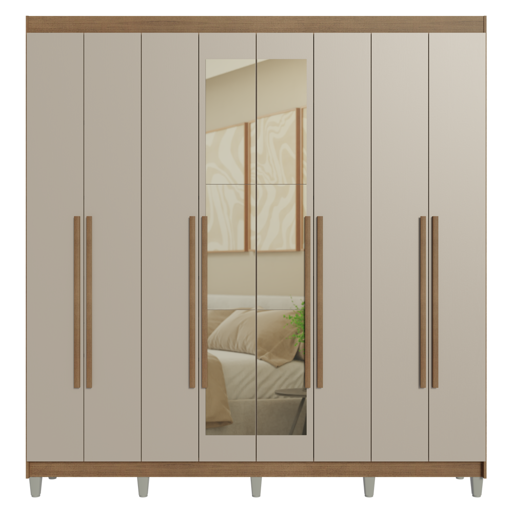 Guarda-Roupa Casal com Pés 8 Portas Batentes com Espelho Rustic/Crema/Rustic Venus Madesa