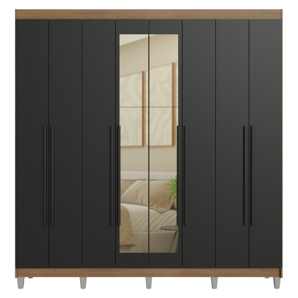 Guarda-Roupa Casal com Pés 8 Portas Batentes com Espelho Rustic/Preto/Preto Venus Madesa