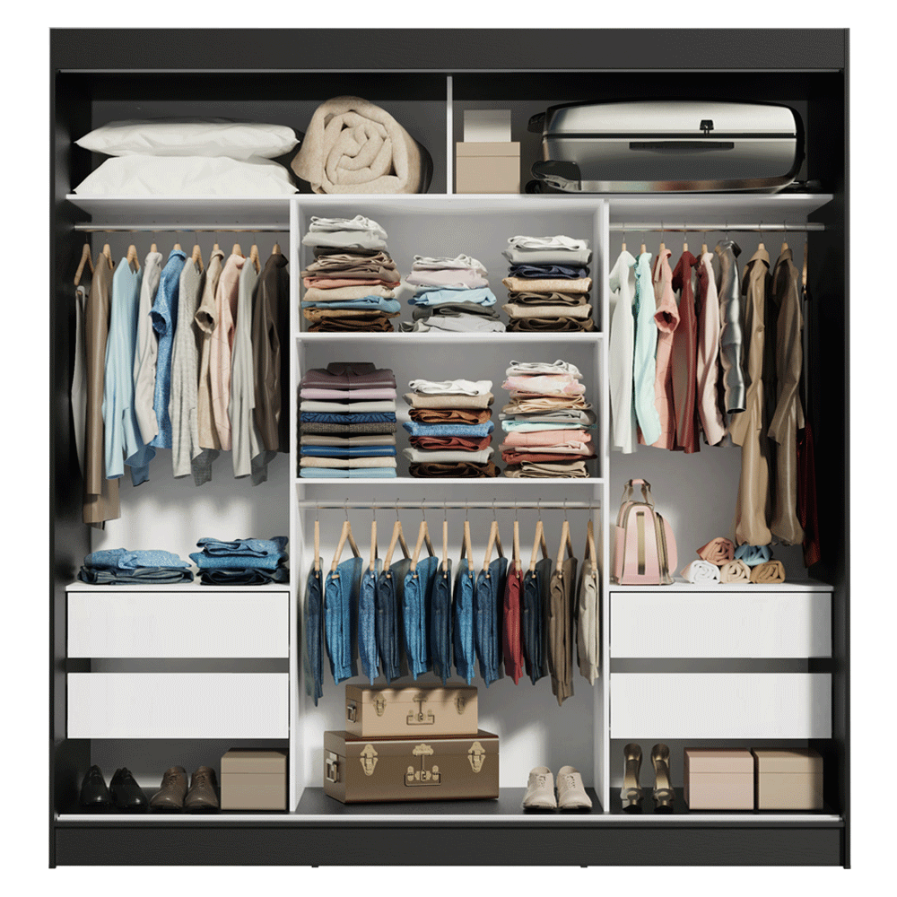 Guarda-Roupa Casal 3 Portas de Correr com Espelho Preto Madesa Reno
